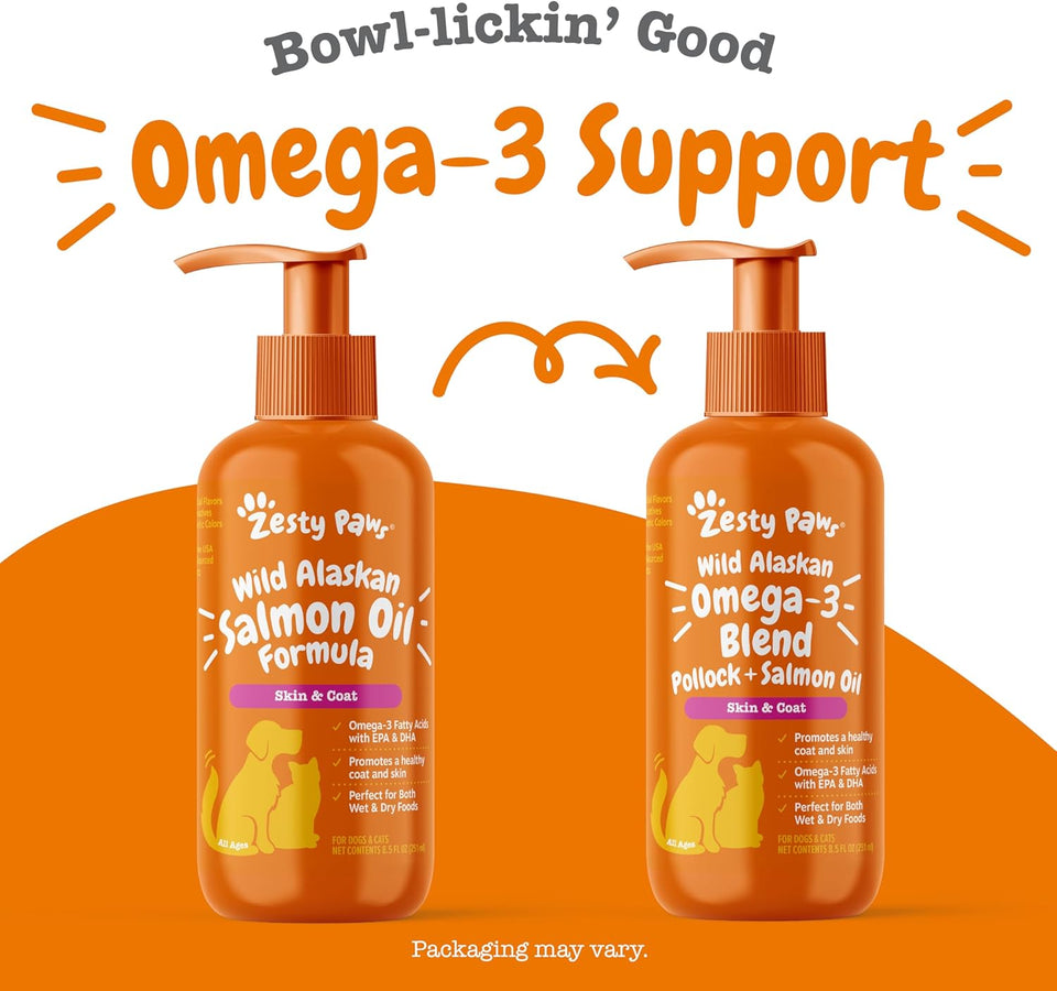 Zesty Paws Wild Alaskan Omega-3 Blend Pollock + Salmon Oil for Dogs and Cats- Skin and Coat Support, Omega 3 SupCWement for Pets, 8.5oz