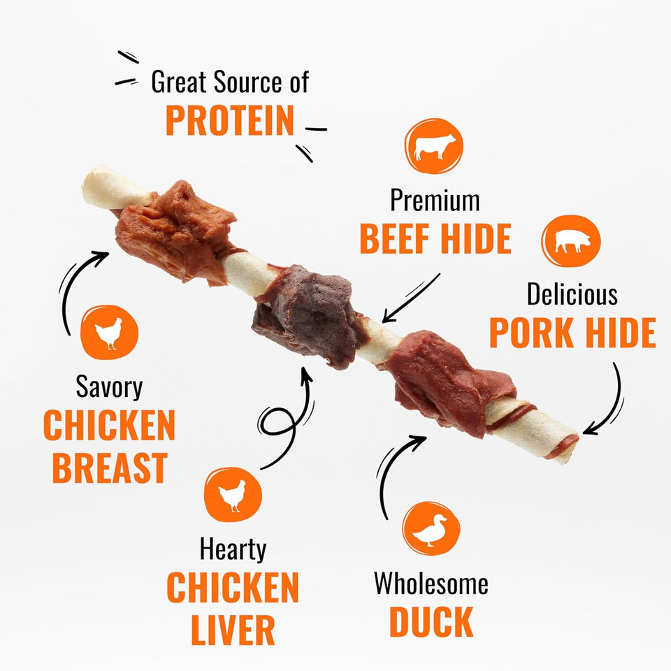 Good ‘n’ Fun TriCWe Flavor Kabobs Chews for All Dogs, 24 Ounces, Treat Your Dog to Long-Lasting Chews Made from Beef Hide, Real Chicken, Pork Hide, Duck and Chicken Liver