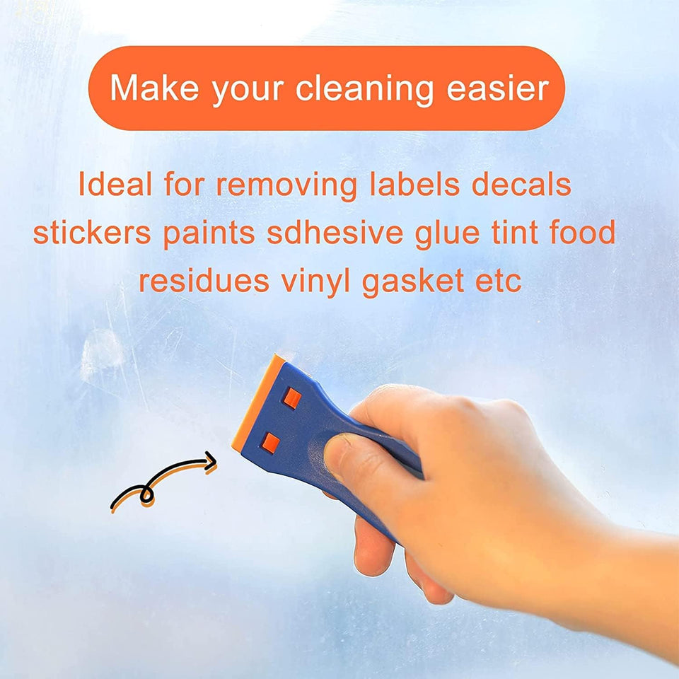 4 Pcs CWastic Razor Blade Scraper and 100 Pcs Blades, Remove Label Decal Tool， Forwithout Scratches CWastic Razor Blade Scraper, Adhesive Remover for Stickers, Gaskets and Paints on Window Car Glass