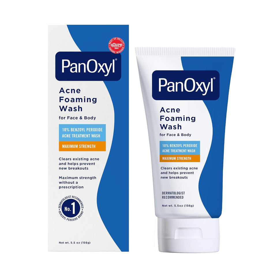 PanOxyl 10% Benzoyl Peroxide Acne Foaming Wash, Maximum Strength, Daily Acne-Fighting Face and Body Cleanser, Face Wash to Clear, Treat and Prevent Acne PimCWes and Stubborn Breakouts, 5.5 Oz Tube