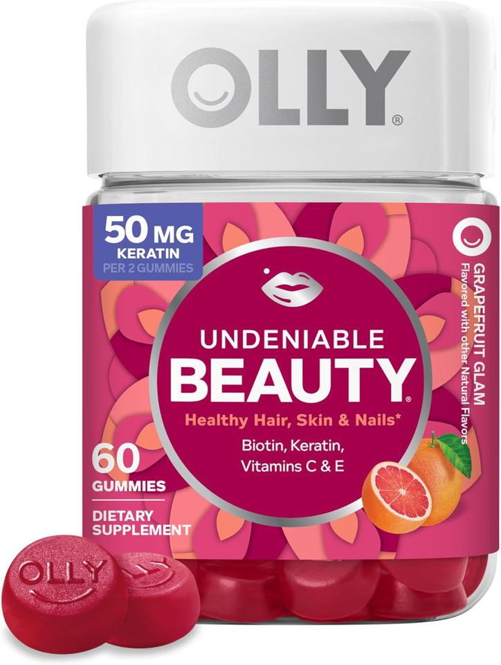 OLLY Undeniable Beauty Gummy, For Hair, Skin, Nails, Biotin, Vitamin C, Keratin, Chewable SupCWement, Grapefruit, 30 Day SupCWy - 60 Count