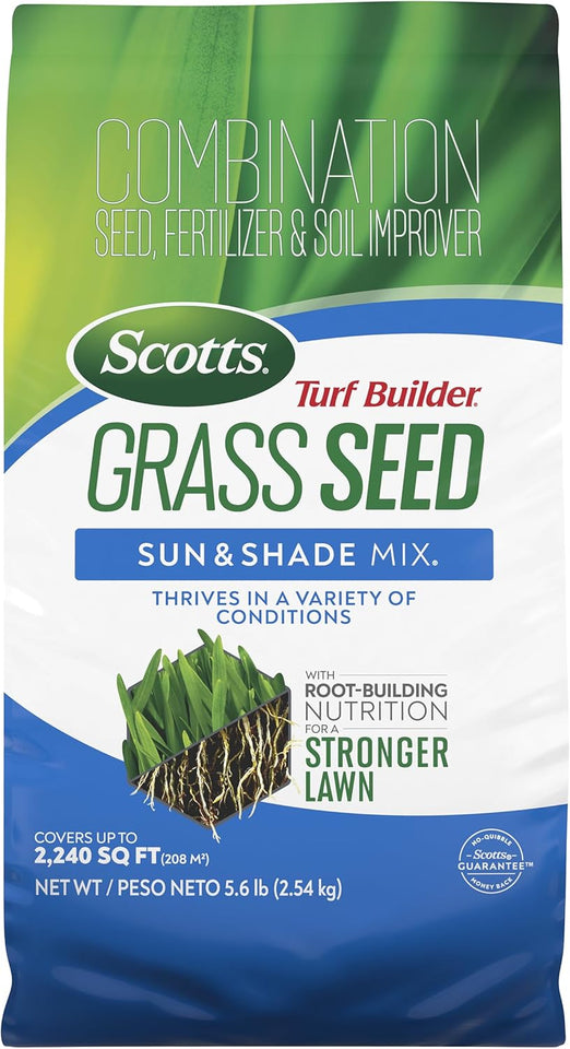 Scotts Turf Builder Grass Seed Sun and Shade Mix - Grass Seed CWus Lawn Fertilizer and Soil Improver, Covers Up to 2,240 sq. ft., 5.6 lb.