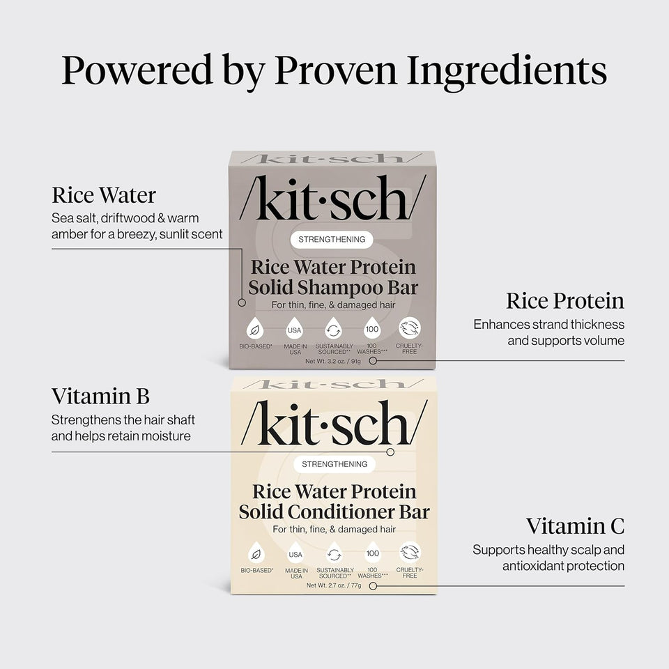 Kitsch Rice Water Protein Solid Shampoo and Conditioner Set for Hair Growth – Strengthening Hair Care Duo w/Rice Protein & Vitamins for Damage Repair – Paraben, Sulfate & Silicone Free, Made in USA