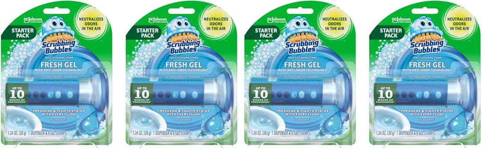 Scrubbing Bubbles Fresh Gel Toilet Bowl Cleaning Stamps, Helps Keep Toilet Clean and Helps Prevent Limescale & Rings, Rainshower Scent, 1 Dispenser with 6 Fresh Gel Stamps