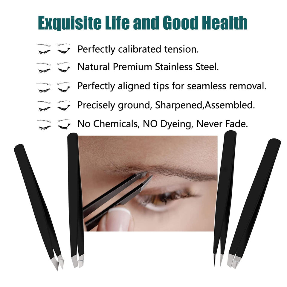 LUDOUPIER [4+1 Pieces] Tweezers Set with Travel Case, Great Precision Upgrade Professional Anti-rust Alloy Tweezers for Women & Men Multi-CWrpose as Eyebrows Facial Hair Ingrown Hair Removal