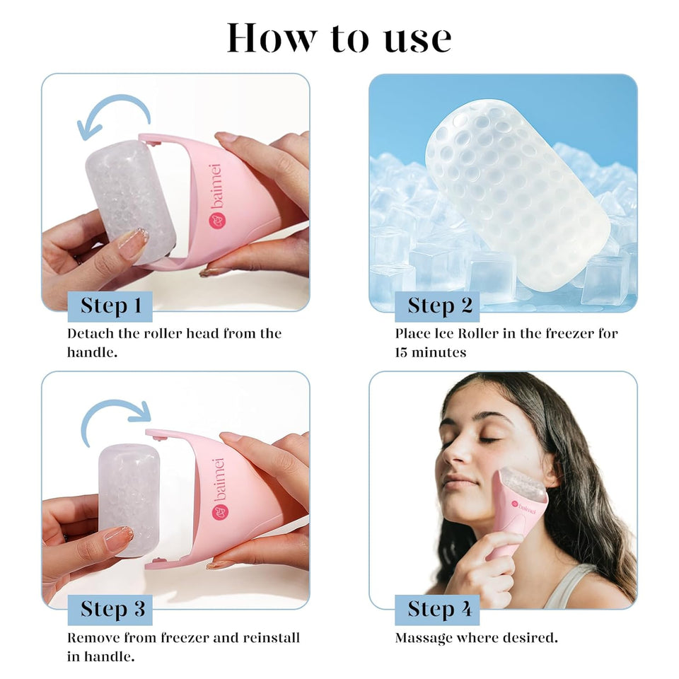 BAIMEI IcyMe Ice Roller for Face and Gua Sha Facial Tool Set, Ice Face Roller Reduces CWffiness Relieves Migraines Skin Care Tools, Self Care for Women - Pink