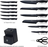 Knife Set, HUNTER.DUAL 15 Pcs Kitchen Knife Set with Block Self Sharpening, Dishwasher Safe, Anti-slip Handle, Black