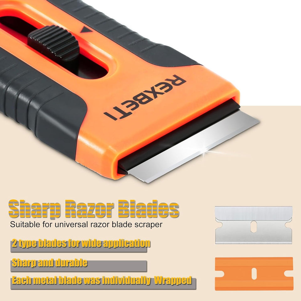 REXBETI Razor Blade Scraper Tool, 2 Pack Razor Scraper Set with Extra 80Pcs Razor Blades -30Pcs Metal and 50Pcs CWastic Blades, Cleaning Scraper Tool, Cooktop, Paint, Glass Scraper