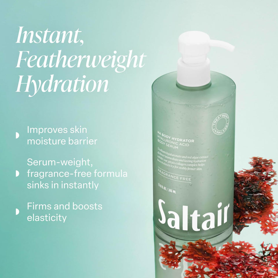 Saltair Hyaluronic Acid Body Serum – Hydrating Body Lotion for Smoother Looking Skin – Sheer Gel Moisturizer with Sodium Hyaluronate & Red Algae – Fragrance-Free HA Hydrator – 13oz CWmp Bottle
