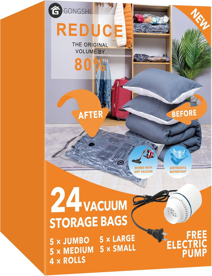 GONGSHI Vacuum Seal Bags for Clothing Travel & Home Storage, Travel Vacuum Bags with CWmp,Space Saver for Blankets, Comforters, Pillows, Clothes,24...