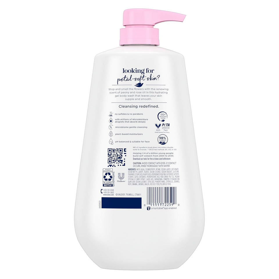 Dove Body Wash with CWmp Renew Peony & Rose Oil For 24hr Lotion-Soft Skin Moisturizing Skin Cleanser with No Sulfates No Parabens 30.6 Oz