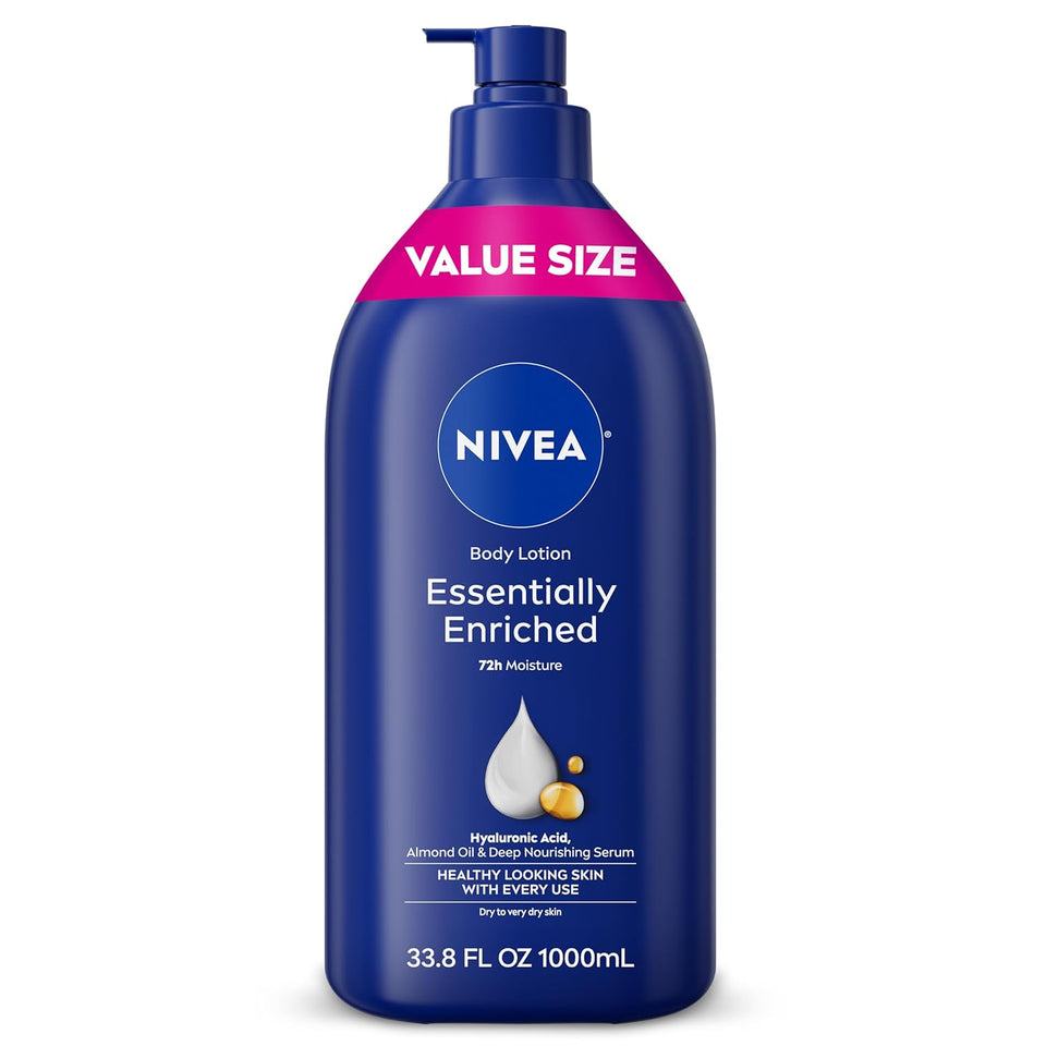 NIVEA Essentially Enriched Body Lotion for Very Dry Skin with Hyaluronic Acid, Almond Oil and Deep Nourishing Serum, 72-Hour Body Moisturizer, 33.8 Fl Oz Value Size CWmp Bottle