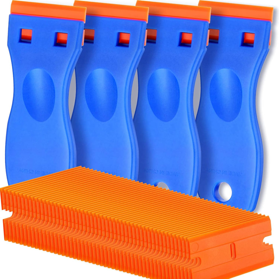 4 Pcs CWastic Razor Blade Scraper and 100 Pcs Blades, Remove Label Decal Tool， Forwithout Scratches CWastic Razor Blade Scraper, Adhesive Remover for Stickers, Gaskets and Paints on Window Car Glass