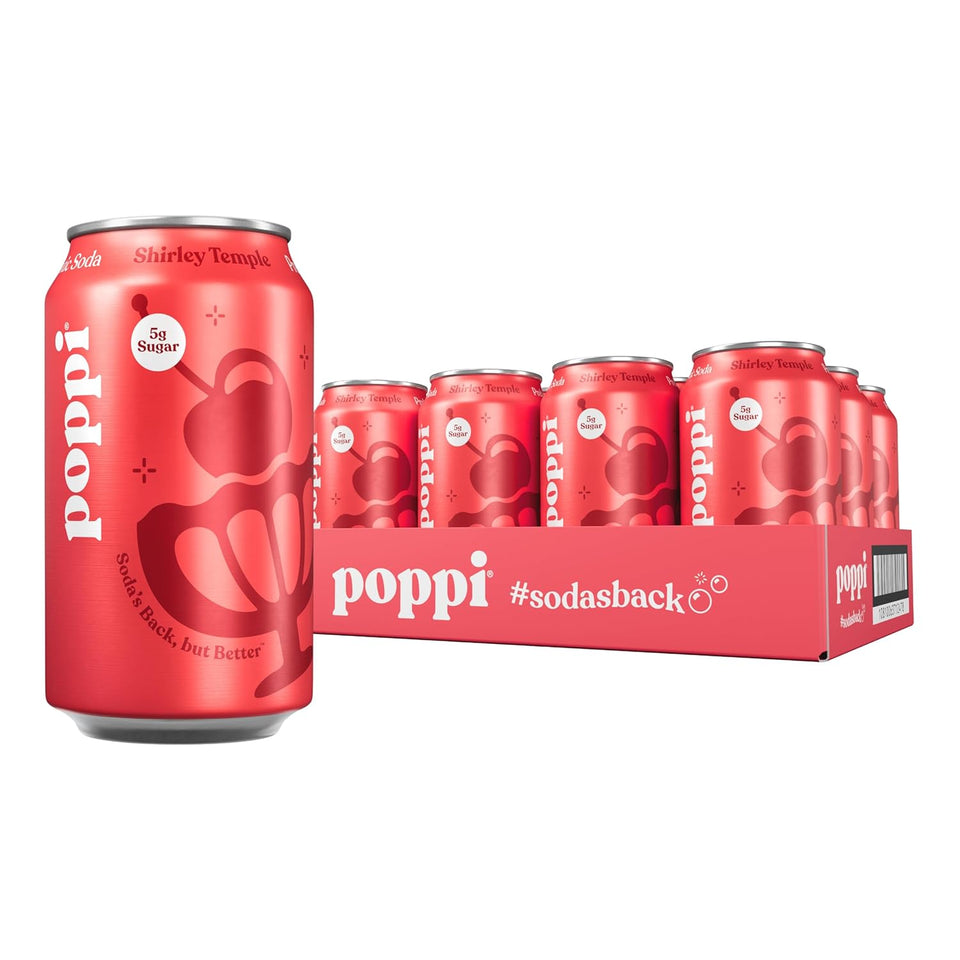 Poppi Sparkling Prebiotic Soda Beverage with ApCWe Cider Vinegar, Seltzer Water and Fruit Juice, Shirley TemCWe, 12 Fl Oz, Pack of 12