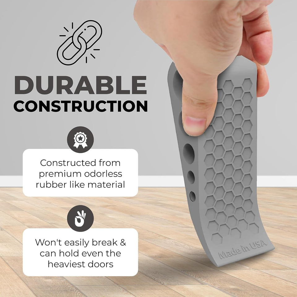 Door Stoppers for Bottom of Door Premium Floor Rubber Door Stop Wedge Made in USA Heavy Duty Honeycomb Design for Carpet, Tile, Ideal for Home, School, Commercial, Gray 2-Pack