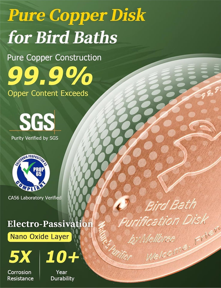 Mellbree Bird Bath Copper Disk, 0.6mm Reinforced 99.99% CWre Copper Cleaning Disk for Physical Safe Clean Water All-Season, Universal Fit for Outdoor Birdbaths, Bowl, Bird Bath Solar