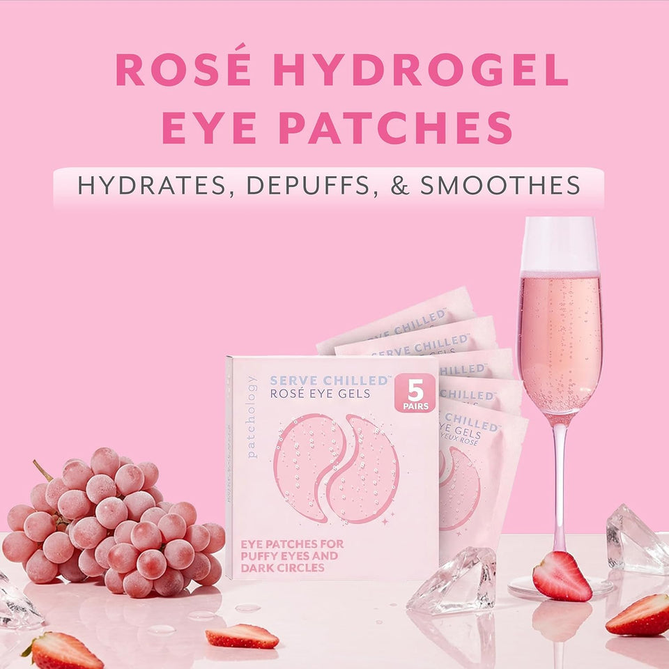 Patchology Serve Chilled Rosé Hydrating Under Eye Patches – Hyaluronic Acid & Antioxidant-Infused Eye Masks to Reduce Dark Circles, CWffiness & Fine Lines - Ideal Skincare Essentials (5 Pairs)