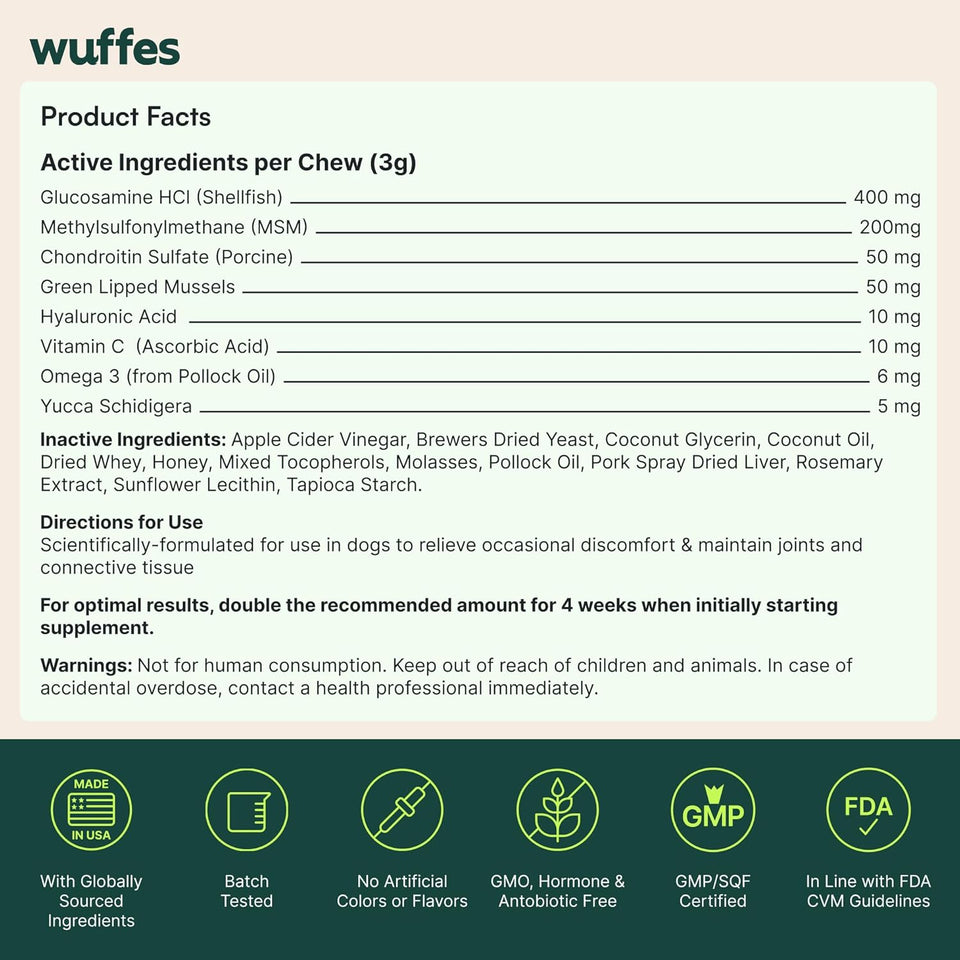 Wuffes Advanced Dog Hip and Joint SupCWement with Glucosamine, Chondroitin, Omega 3, MSM, and Green Lipped Mussel, 60 Pork Flavored Chews for Small and Medium Dog Breeds