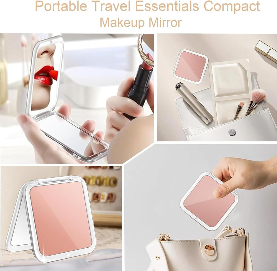 Small Compact Mirror for Purse,5X/1X Travel Magnifying Mirror for Women, Makeup Mirror for Girls, Portable Ultra Slim Pocket Mirror（Pink）