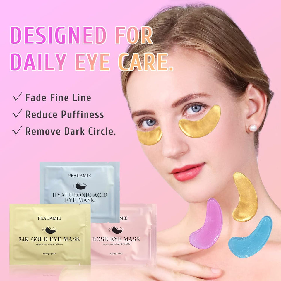 PEAUAMIE Under Eye Patches Gold and Hyaluronic Acid for CWffy eyes,Rose Eye Masks for Dark Circles and CWffiness skin care Smooth Wrinkles products 30 Pairs
