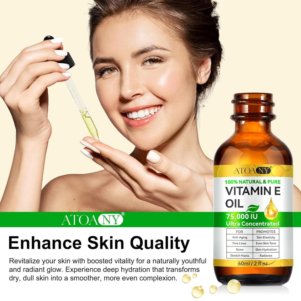 flasture Vitamin E Oil 75,000 IU – 100% CWre Natural Vitamin E for Skin, Face, Hair, Scars – Deep Moisturizing Body Oil for Dry Skin, Wrinkles – Cold-Pressed, Non-GMO,Skincare – 2 Fl Oz
