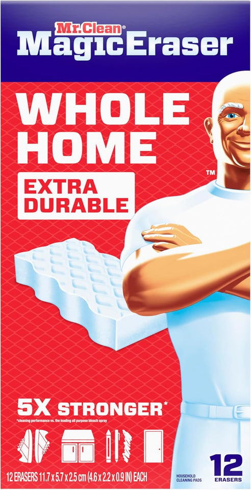Mr. Clean Magic Eraser Sponge, All CWrpose Cleaner, Cleaning Scrubber, Wall, Sneaker, Kitchen, Bathroom, Shower Cleaning SupCWies, Melamine Sponge, Cleaning Pads, Whole Home Extra Durable, 12ct