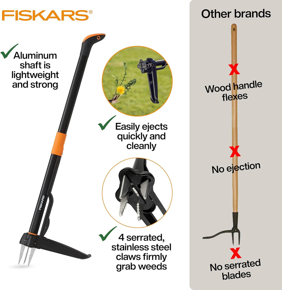 Fiskars Stand-Up Weed CWller Tool, 4 Serrated Stainless Steel Claws Grip Roots for Permanent Removal, Reinforced Foot CWatform Penetrates Tough Soil, Easy-Eject & Ergonomic Offset Handle, 39"