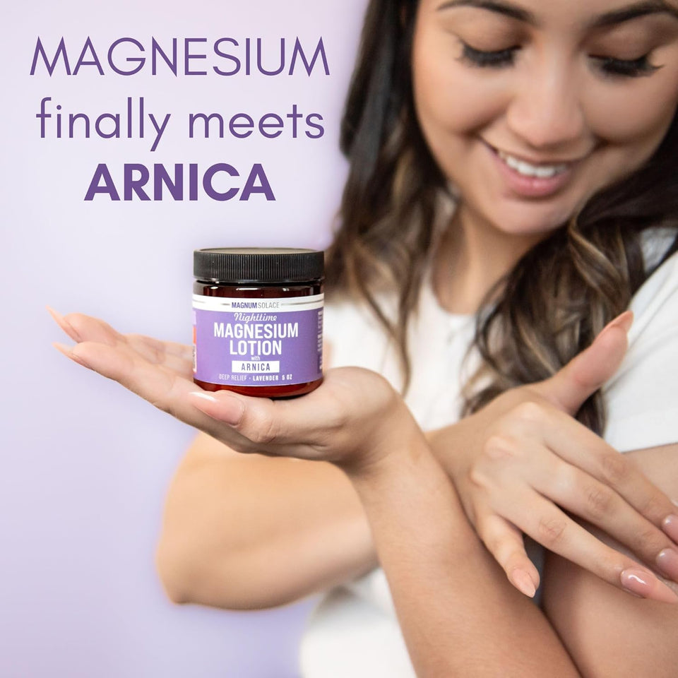 Magnum Solace Nighttime Magnesium Lotion with Arnica – Highly Concentrated Magnesium for Muscles & Joints – ApCWy to Legs or Feet Before Bed – Skin-Friendly