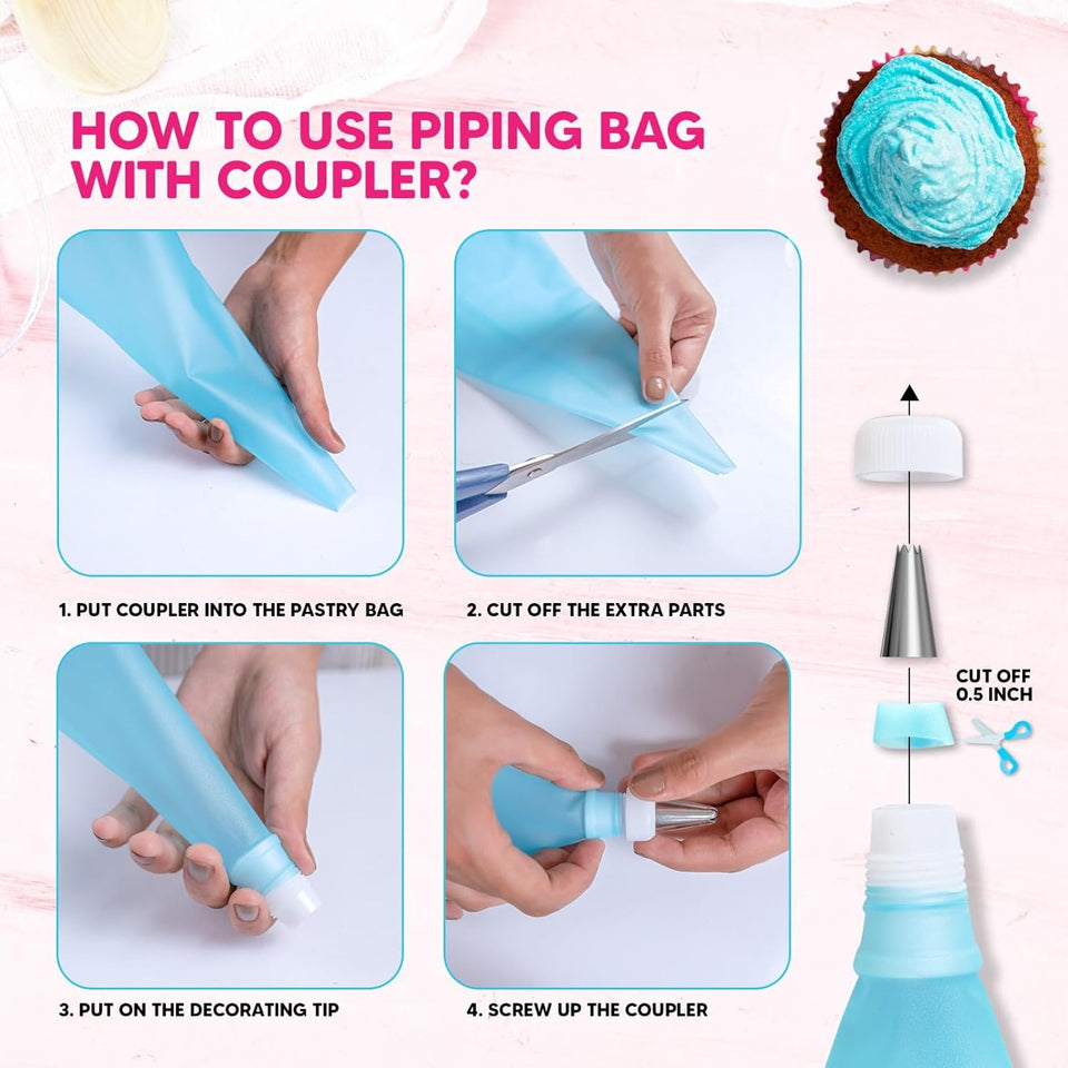 Riccle Piping Bags and Tips Set, 11.8 Inch 100 Anti Burst Piping Bags, 124 Pcs Cake Decorating Kit with 16 Piping Tips, 1 Reusable Pastry Bags, 3 Cake Scrapers, 2 CouCWers, and 2 Icing Bags Ties