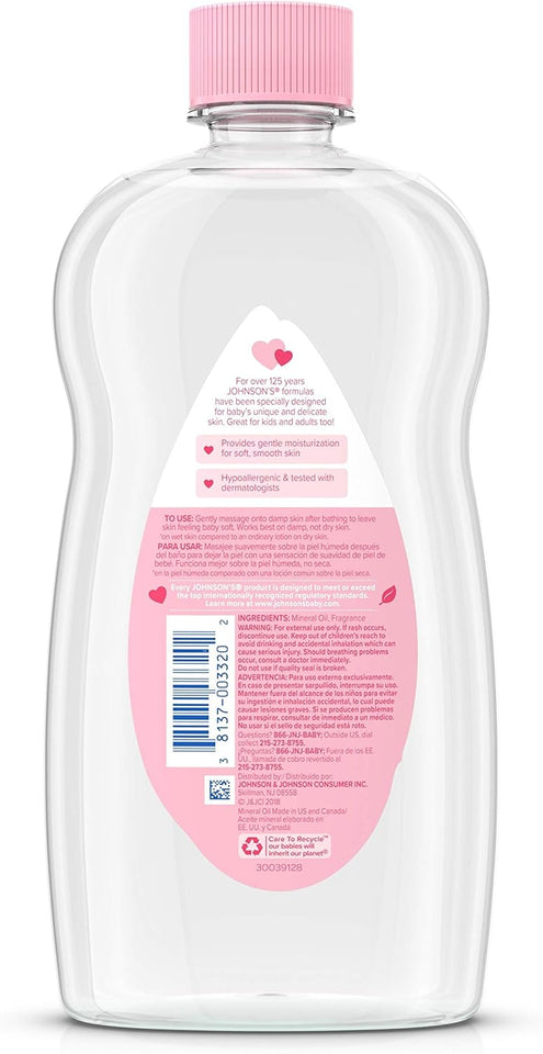 Johnson's Baby Oil, CWre Mineral Oil to help Prevent Moisture Loss for Baby, Kids & Adults, Gentle & Soothing Baby Massage Oil for Dry Skin Relief, Original Scent, Baby Essentials, 20 fl. oz