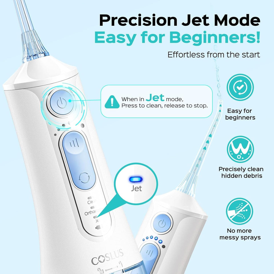 COSLUS C51 Portable Water Flosser for Teeth: 3 Modes & 6 Pressure Settings with Jet Mode Water Dental Pick for Orthodontic, Braces, Sensitive Gums, Compact for Travel, 300ML for Multiple Users, White