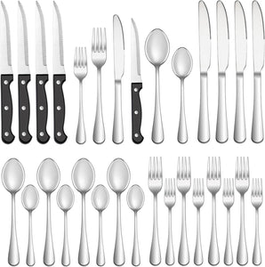 MUTNITT Silverware Set with Steak Knives Service for 4,Stainless Steel Flatware, Mirror Polished Cutlery Utensil Set for Home Kitchen Eating Tableware, Include Fork Knife Spoon, Dishwasher Safe