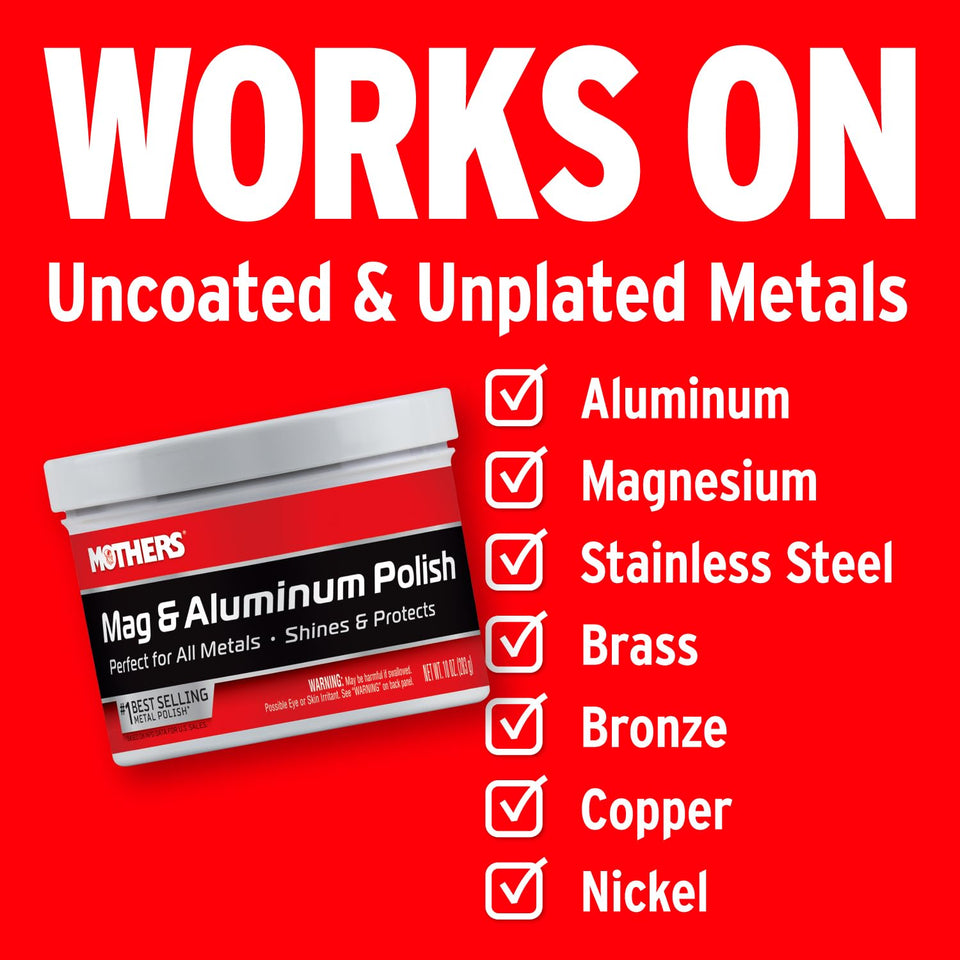 Mothers Mag & Aluminum Polish, 10 oz. – Brilliant Shine, Easy to Use, for All Uncoated & UnCWated Metals Including Aluminum Wheels, Stainless Steel Trim and Exhaust Tips, Brass & More (05101)