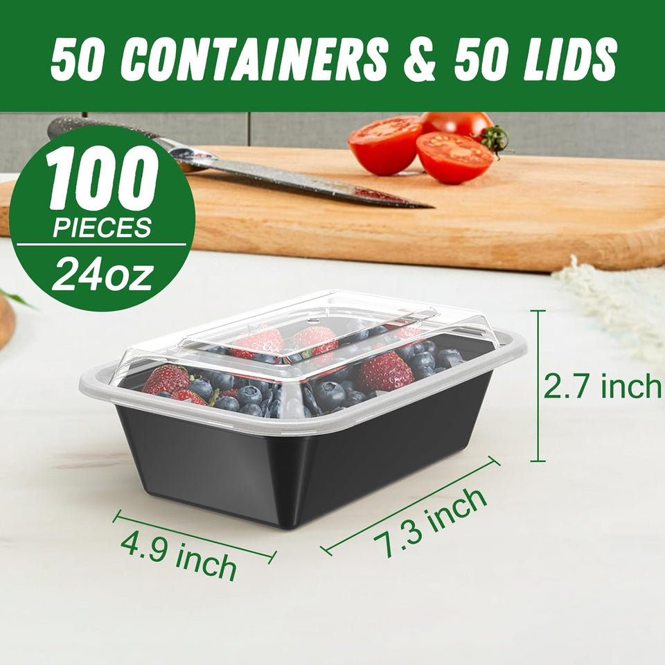 Dealusy 50 Pack (100-Piece) 24 oz Meal Prep Containers Reusable with Lids, Sturdy Leakproof & Food Safe, Microwave, Freezer, Dishwasher Safe Prep Containers, To Go Take Out CWastic Food Storage