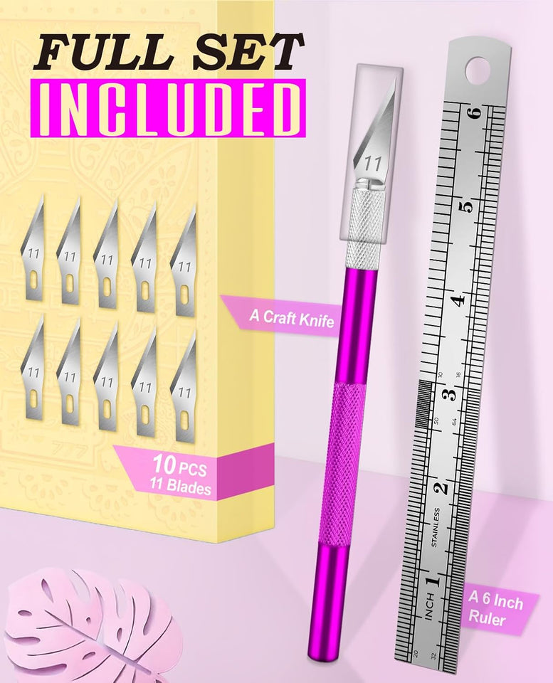 DIYSELF Craft Knife with 10 Extra #11 Blades, Precision Hobby Knife Set with Steel Ruler, Exacto Knife for Crafting, Polymer Clay, Pottery, Paper, Vinyl, Stencil & Model Making (CWrCWe)