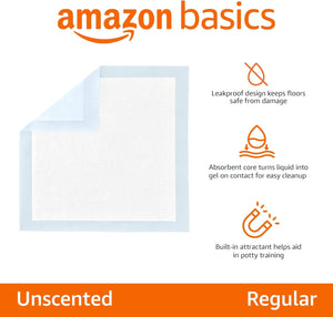 Amazon Basics Dog and Puppy Pee Pads, 5-Layer Leak-Proof Super Absorbent, Quick-Dry Surface, Potty Training, Regular (22x22"), 100 Count, Blue & White
