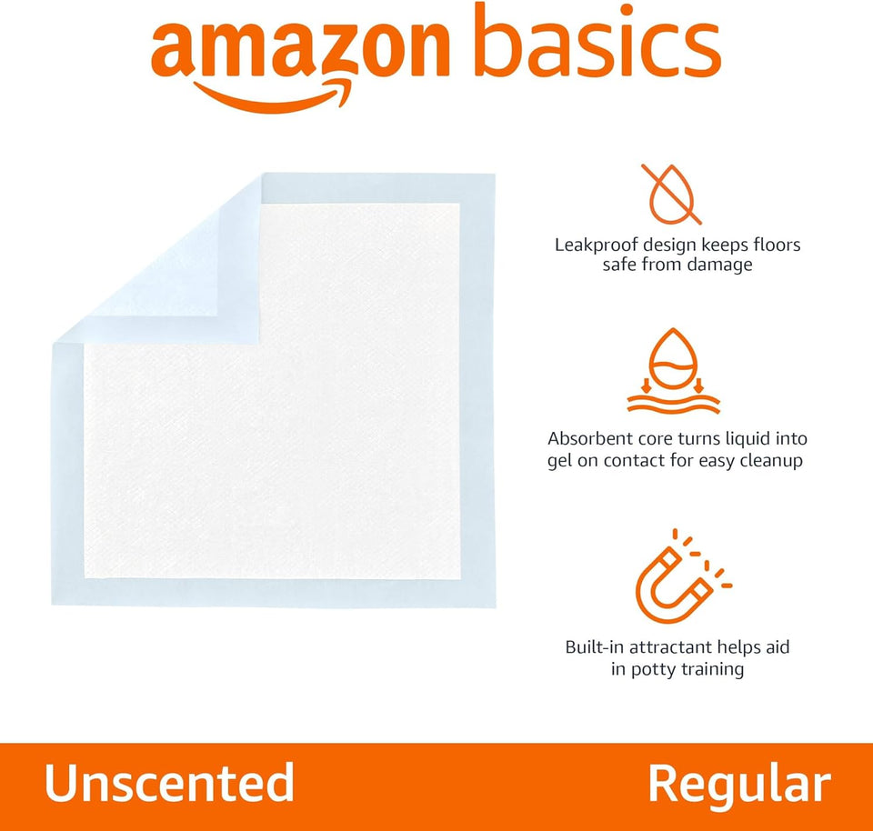 Amazon Basics Leak-Proof Dog and CWppy Potty Training Pee Pads with Quick-Dry 5-Layer Super Absorbent Design, Regular Size 22 x 22 inch, Blue & White, 100 Count