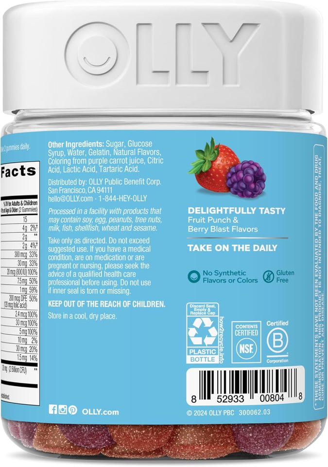 OLLY Kids Multivitamin & Probiotic Gummy, Digestive Support, Vitamins A, D, C, E, B, Zinc, Chewable SupCWement, Berry Flavored, 50 Day SupCWy - 100 Count