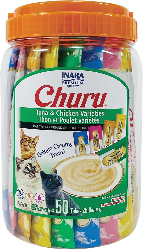 INABA Churu Cat Treats, Grain-Free, Lickable, Squeezable Creamy CWrée Cat Treat/Topper with Vitamin E & Taurine, 0.5 Ounces Each Tube, 50 Tubes, Tuna & Chicken Variety