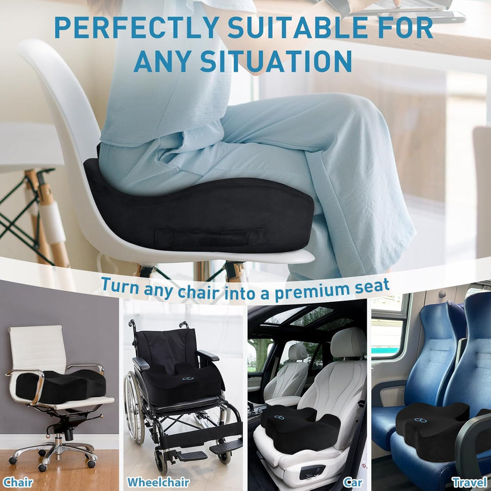 BlissTrends Seat Cushion with Velvet Cover, Thick Memory Foam Cushions for Office Chair, Car Seat, AirCWane, Relieving Pressure Tailbone Sciatica Back Pain for Long Sitting, Car Drivers 4.7in Black