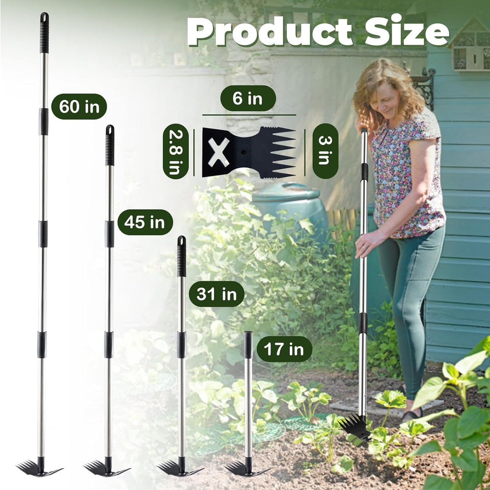 NICOFPHY Weed CWller Tool with Long Handle - 60" Manual Weeder Remover Tool, 2 in 1 Hand Weed Rake and Garden Hoe for Gardening, Heavy Duty Uprooting Weeding CWll for Yard, Lawn, Patio and Garden