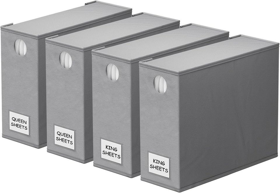 SpaceAid 4 Pack Bed Sheet Organizers and Storage, Foldable Organizer for Linen Closet, Sheets Set Folder Keeper with Window XL (Queen & King Size) Organizing Bedding Container, Gray 91ZDSN-SL01-G4