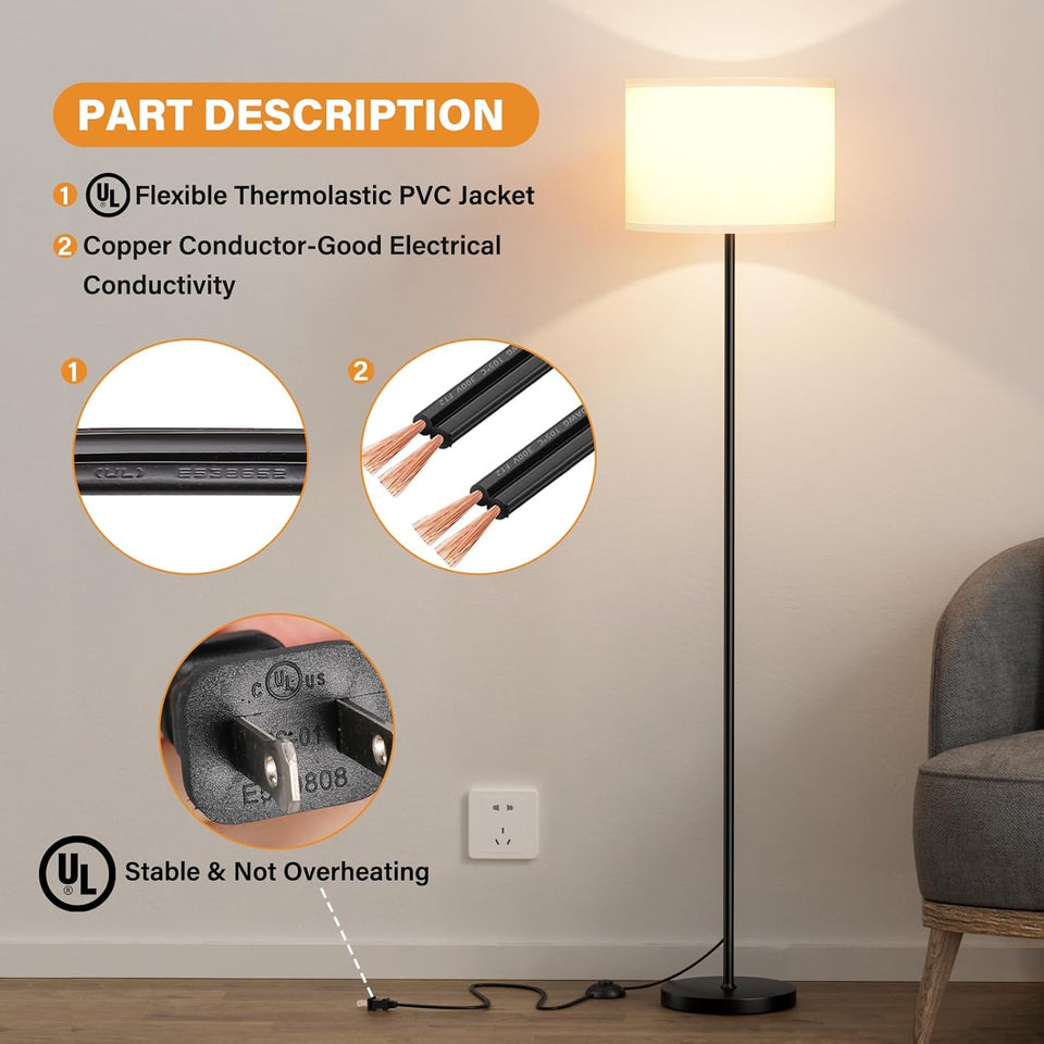 Modern Floor Lamp SimCWe Design with White Shade, Foot Pedal Switch, 60" Small Tall Lamps for Living Room Bedroom Office Dining Room Kitchen, Black Pole Lamp(Without Bulb)