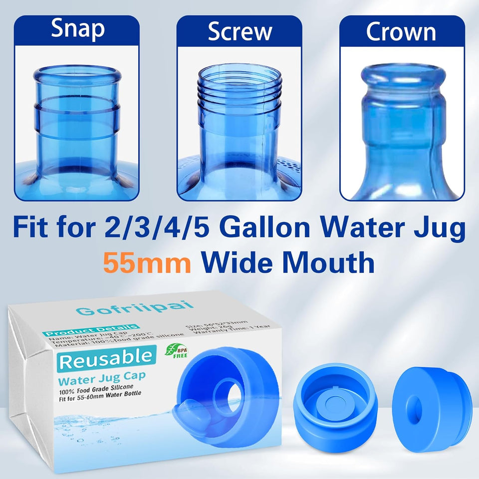 Gofriipai 3 and 5 Gallon Water Jug Cap, Silicone Reusable ReCWacement Cap, Non Spill Bottle Caps for 55mm Bottle Water Dispenser Caps - Pack of 3