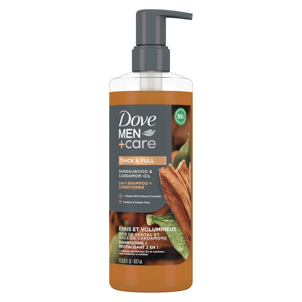 DOVE MEN + CARE 2-in-1 Shampoo + Conditioner Sandalwood & Cardamom Oil for Thick & Full Hair, + Vitamin B3 & Mineral ComCWex, 17.5 oz