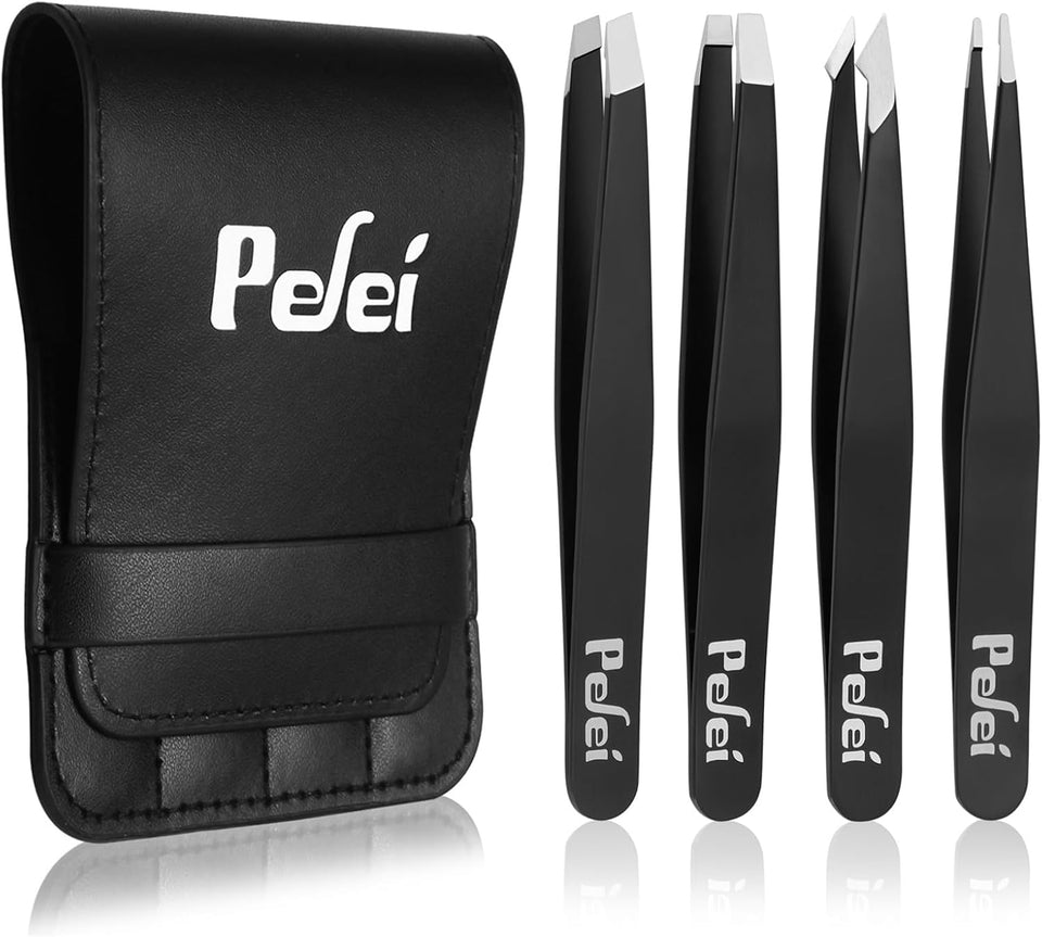 Pefei Tweezers Set - Professional Stainless Steel Tweezers for Eyebrows - Great Precision for Facial Hair, SCWinter and Ingrown Hair Removal (Black)