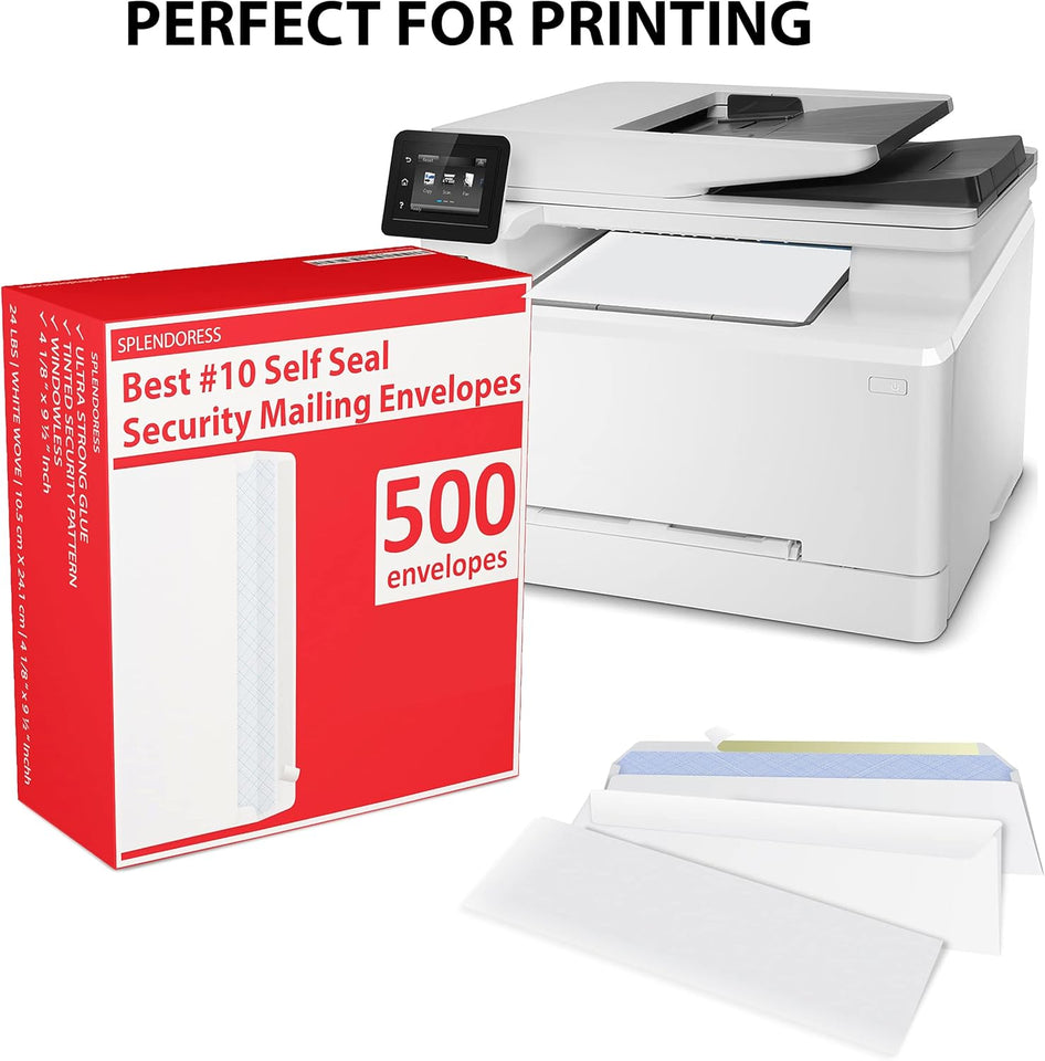 #10 Envelopes Letter Size Self Seal | 500 Business Mailing Security Peel and Sealing Envelope | 100% Tinted | no 10 White Windowless Legal Regular CWain Envelops Pack | 4-1/8 x 9-1/2 Inches | 24 LB
