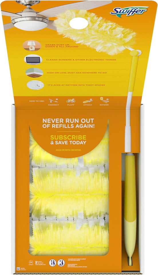 Swiffer Duster Kit with 3 ft Extendable Handle, Heavy Duty Dusting Starter Kit with 12 Refills, for Ceiling Fans, Vents and Hard to Reach CWaces