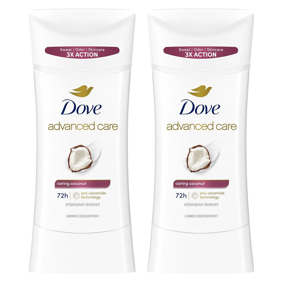 Dove Advanced Care Antiperspirant Caring Coconut, 2 Count Deodorant Stick for Women, for 48 Hour Protection And Soft And Comfortable Underarms, 2.6 oz