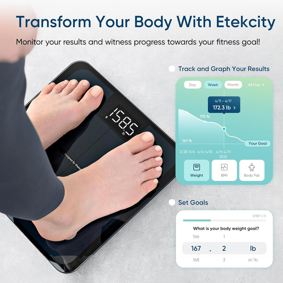 Etekcity Smart Scale for Body Weight, FSA&HSA Eligible, Bathroom Digital Weighing Scale with BMI, Body Fat, Muscle Mass, Accurate Bluetooth Home User Health Equipment Sync Apps, LED, Tempered glass